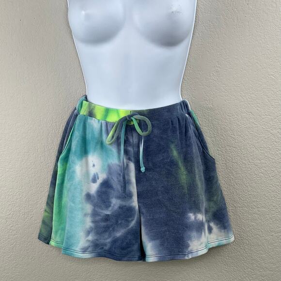 Blue Green Multicolor Tie Dye Summer Elastic Waist String Sweat Shorts Small NWT - Picture 10 of 12